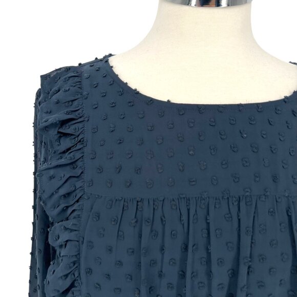 J.Crew Swiss Dot Ruffle Trim Long Sleeve Blouse Navy Blue Size 16 - Picture 2 of 11